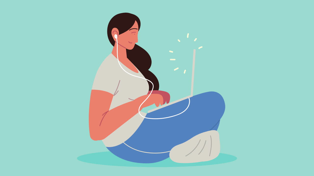 노트북 을 사용 하고 앉아 있는 젊은 여자