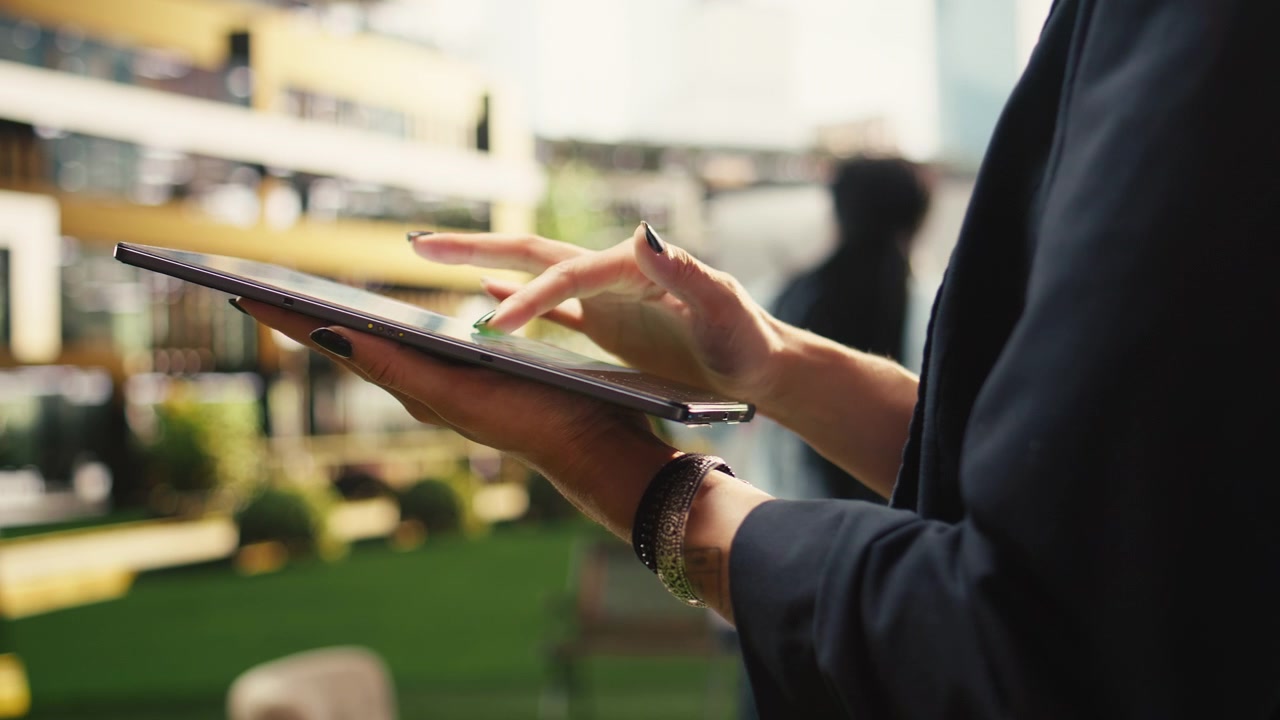 Businesswoman Using Digital Tablet in Modern Office Setting