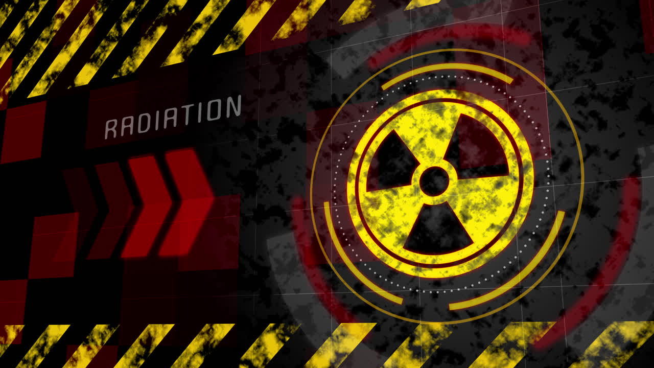 Radioactive pollution. Warning animation of radiation symbol with barrier yellow tape and arrows on red looped background.