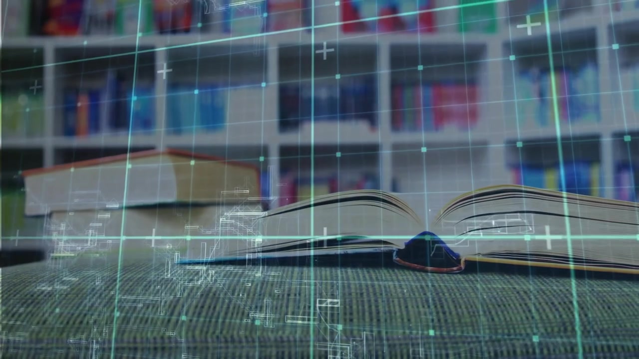 Turquoise grid scanning bookshelf causing book spine lifting and pages fanning open for analysis