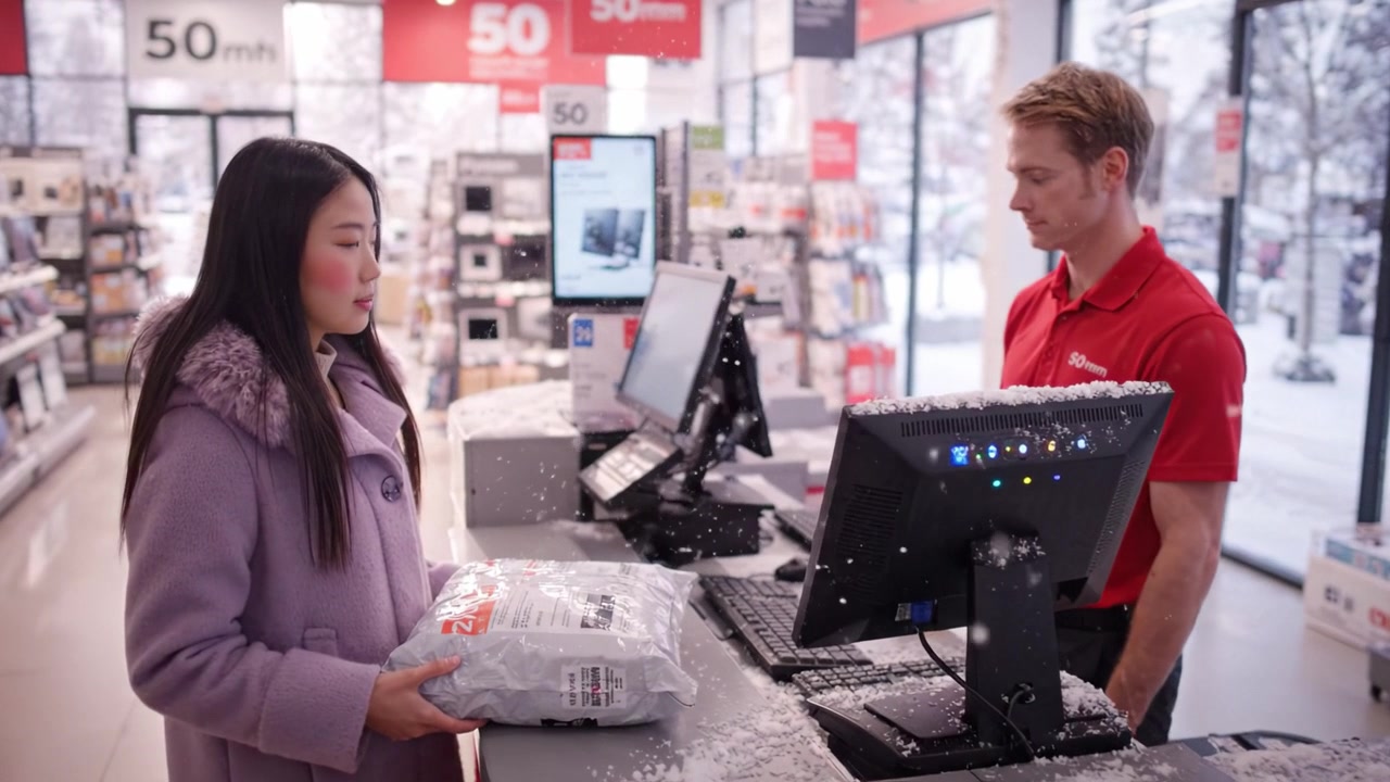 Um Cliente Retira um Pacote na Loja Durante o Inverno, Rodeado por Neve, Interagindo com um Funcionário Amigável no Balcão de Atendimento Interno