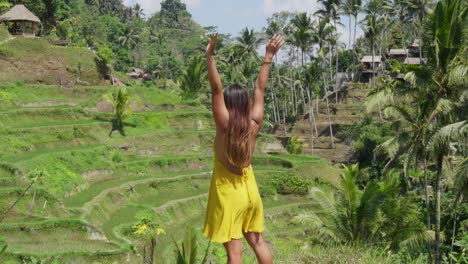 Slow-motion-back-shot-of-graceful-young-woman-traveler-in-long-elegant-dress-the-rice-fields-Tegalalang,-Bali