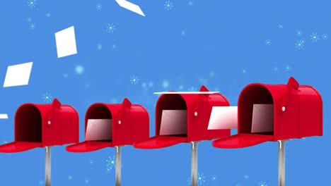 Animation-of-winter-scenery-with-snowflakes-falling-and-red-letterboxes-with-letters-for-santa-claus