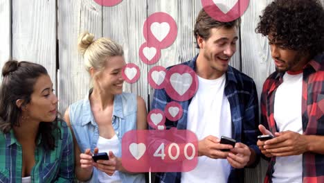 heart icons with increasing numbers against group of friends using smartphones