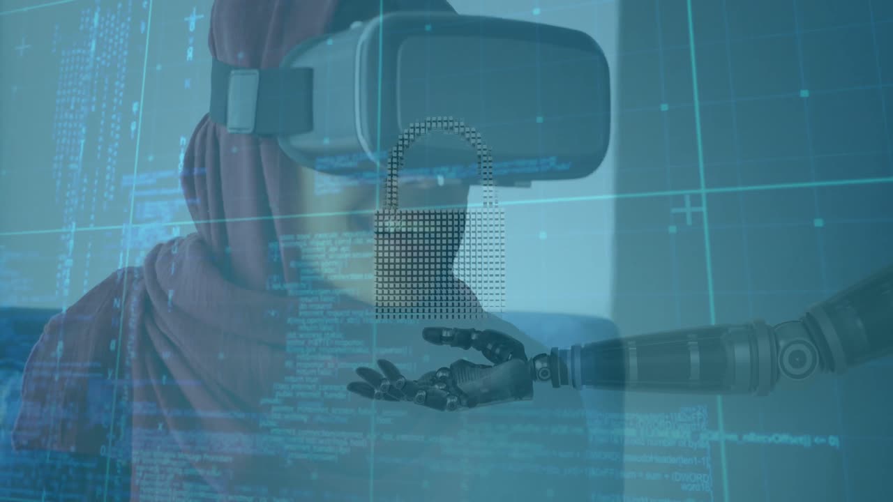 Animation of online security padlock over robot's arm and woman wearing vr headset in background
