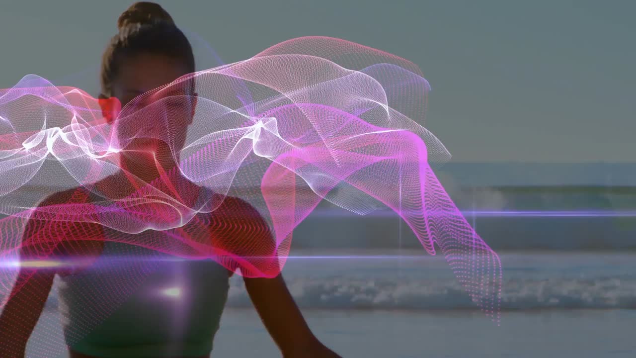 animación de formas sobre mujer caucásica meditando en la playa