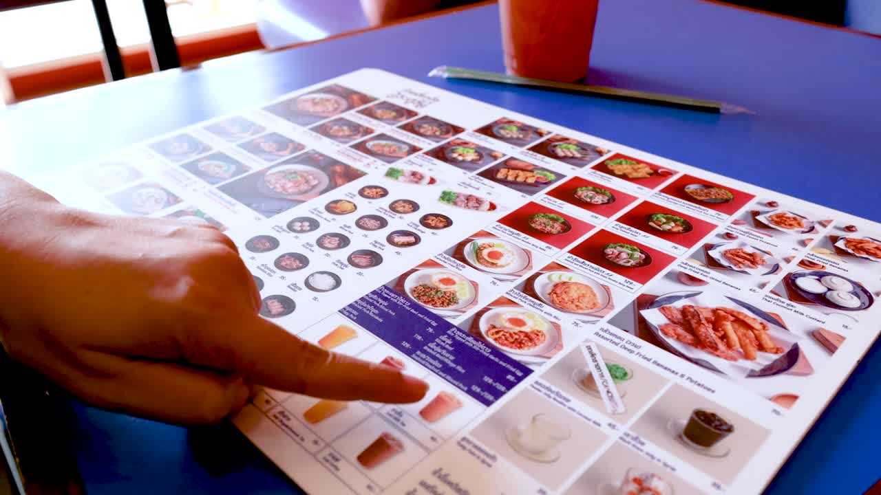 En persons hånd peger på forskellige madvarer på en farverig restaurantmenu ovenover