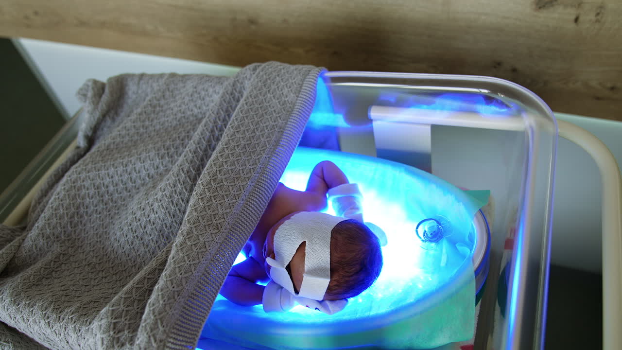 Newborn Caucasian baby lies on UV lamp in a crib. Infant having high bilirubin is cured from jaundice.