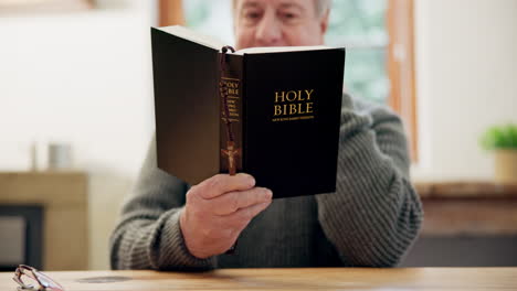 manos, hombre y lectura de la biblia en el hogar para la oración