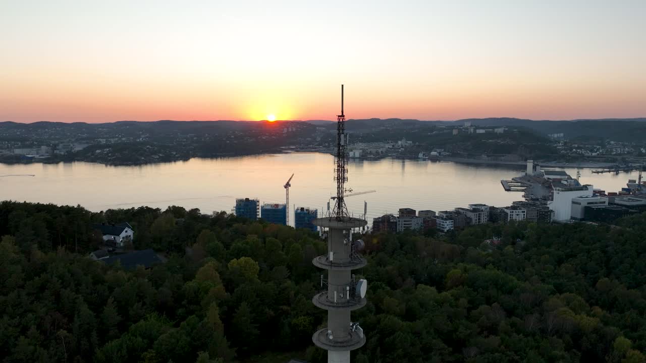Aerial footage of Kristiansand skyline during sunset from Odderøya.