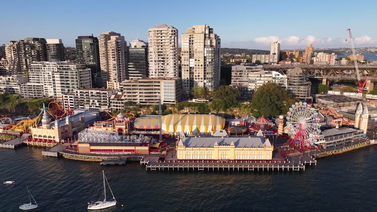 Amusement Park, tourist attraction North Shore Sydney. Aerial birds eye view, cityscape.