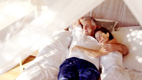 senior couple sleeping on canopy bed 4k