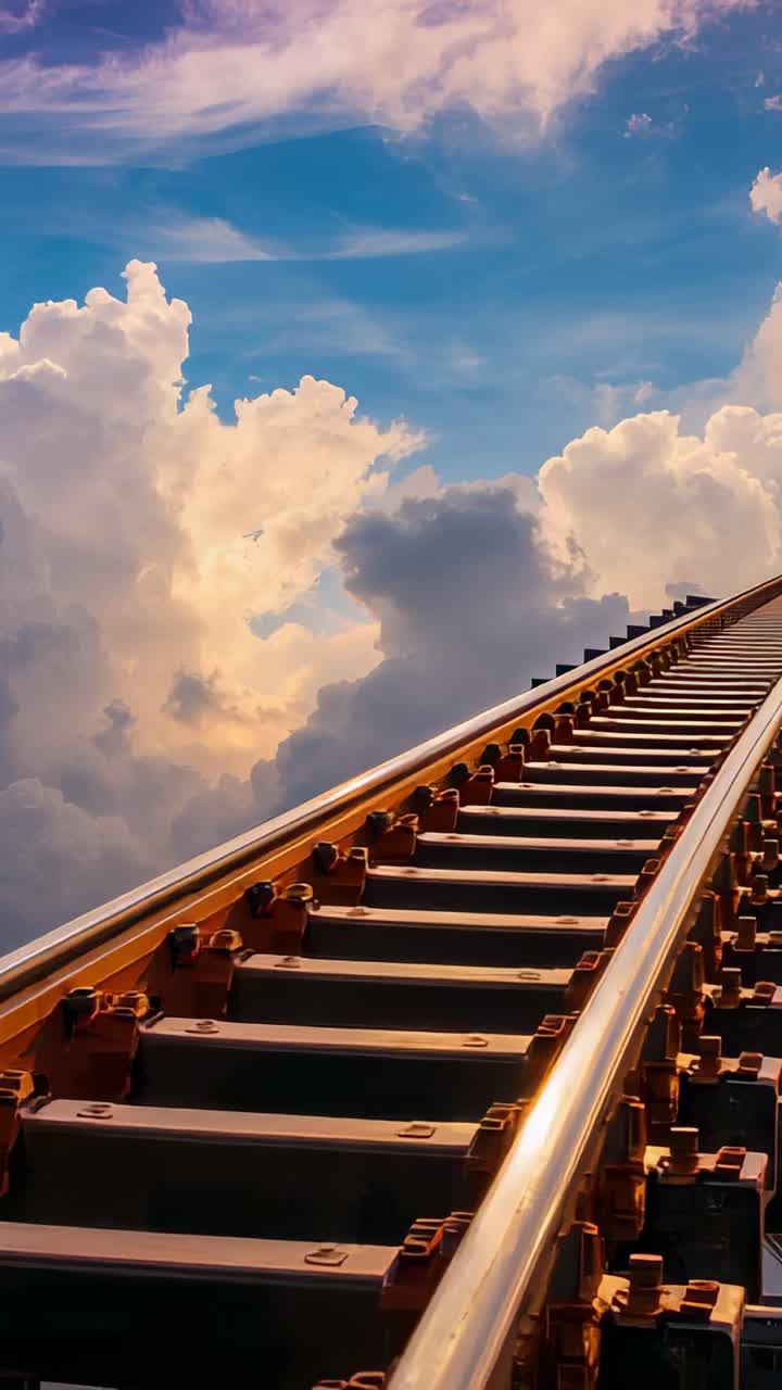 Vertical video: Shot starting, cam pushing up along rails under clouds revealing ties, copy space