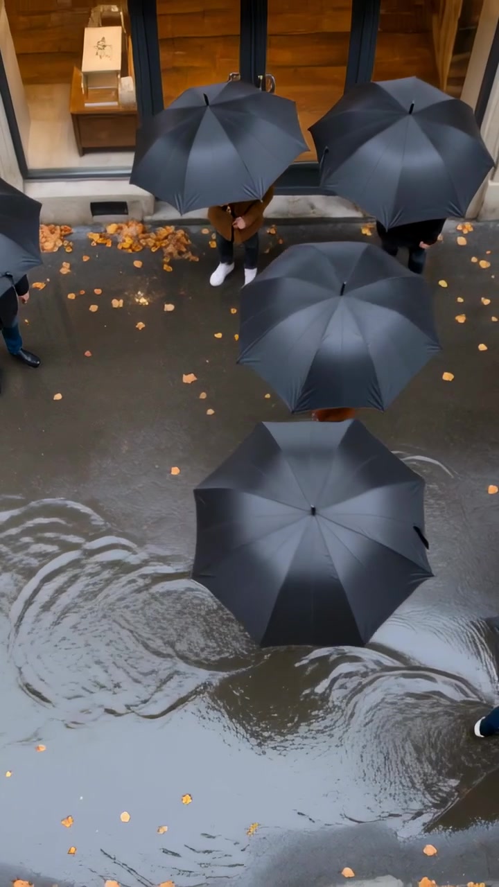 Video verticale: Zoom indietro su ombrelli, una persona con cappotto marrone e scarpe bianche che si ripara dalla pioggia vicino a una porta.