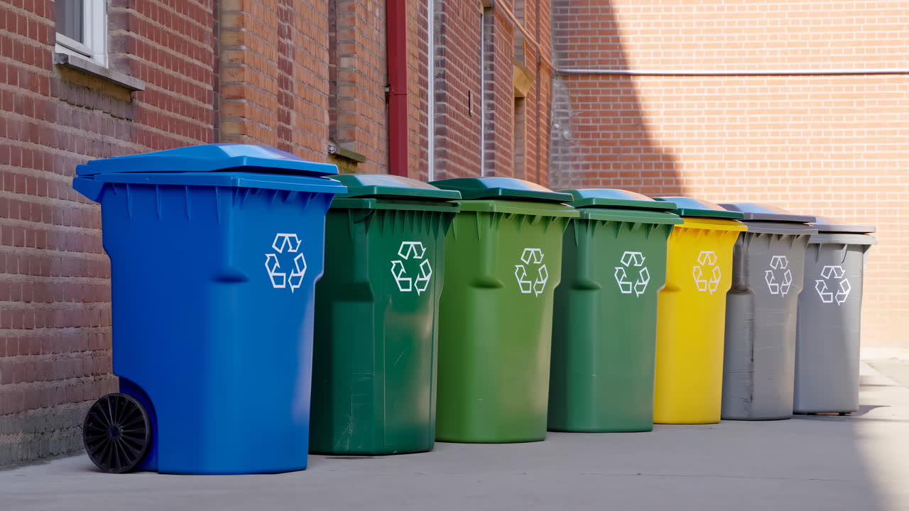 Colorful Recycling Bins Lined Up Against a Brick Wall