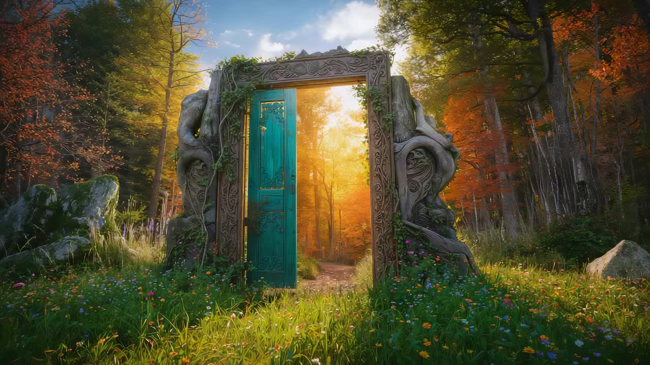 Clip starting showing turquoise door opening in stone portal revealing forest path with sunbeam