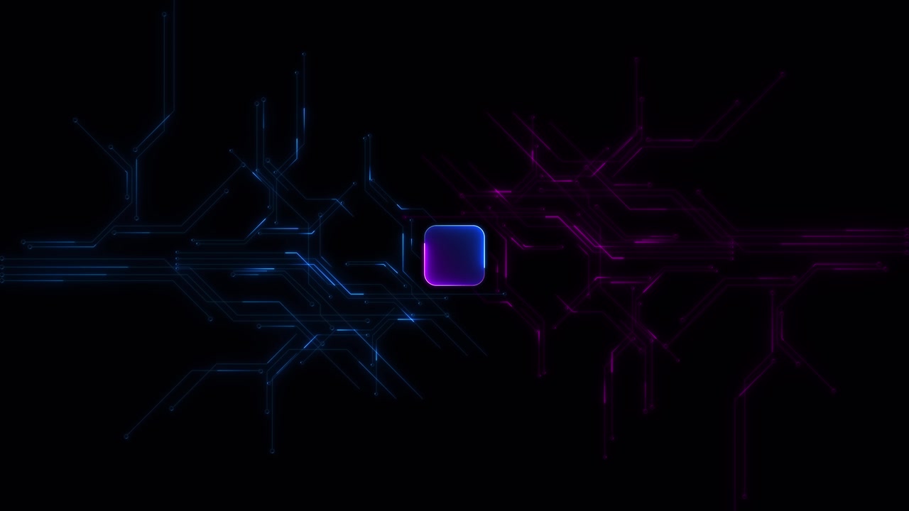 Neon circuit chip background blue purple electronic paths glowing central processor tech space