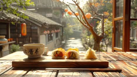 sushi and tea by a traditional riverside street