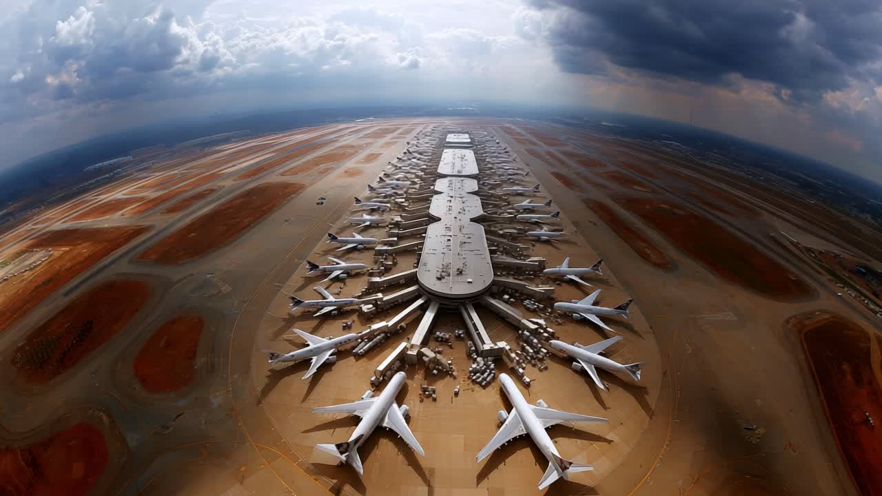 Aerial View of a Busy Airport, Showcasing Multiple Airplanes at the Terminal with an Expansive Runway and Cloudy Sky Overhead, Perfect for Aviation Enthusiasts and Travelers