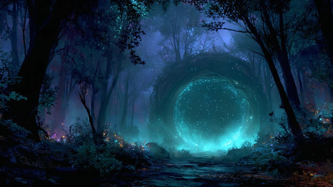 Mystical Portal Surrounded by Enchanted Forest: A Scene of Wonder and Magic, Where Light Meets Nature in an Ethereal Realm of Possibilities and Adventure
