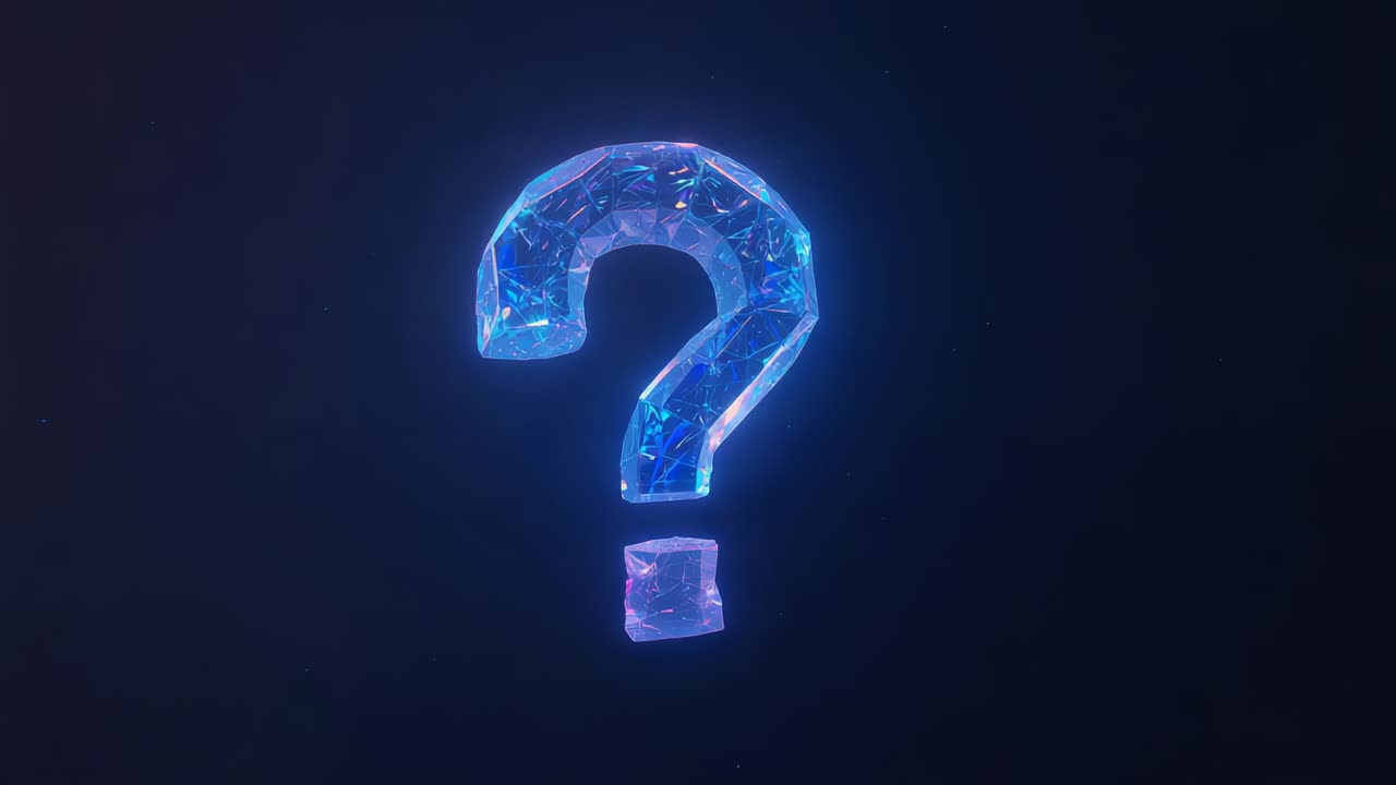 Materializing crystalline question mark symbol in void, rotating shimmering with blue violet glow