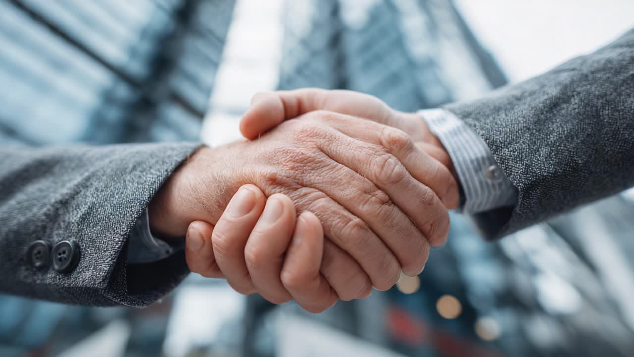 Due mani che si stringono in un ambiente professionale, a simboleggiare fiducia e accordo tra partner commerciali in un ambiente architettonico moderno