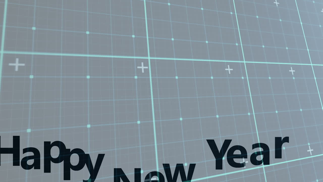 Animation of happy new year over moving checked screen