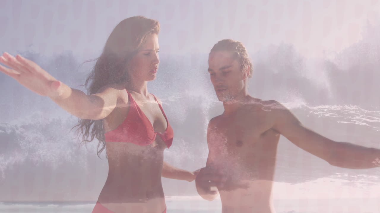 Couple practicing surfing in ocean for travel campaign, with wave icons and chart overlay