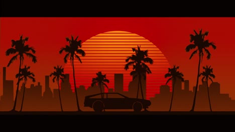 Animation-Eines-Schwarzen-Autos,-Das-über-Eine-Leuchtend-Orangefarbene-Sonne-Und-Ein-Stadtbild-Mit-Palmen-Auf-Rot-Fährt