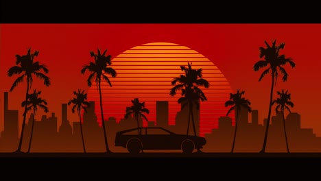 animation of black car driving over glowing orange sun and cityscape with palm trees on red