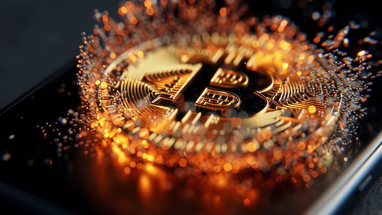 Exploring the Dynamic World of Cryptocurrency Through Stunning Visuals: A Close-Up of Bitcoin with Vibrant Particles Representing Digital Wealth on Smartphone Screen