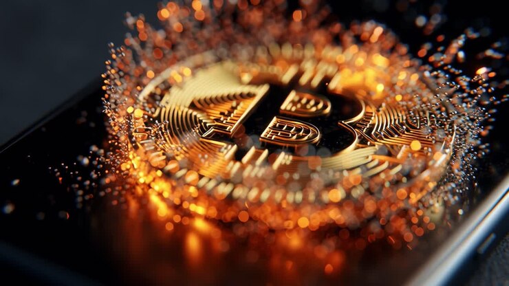 Esplora il mondo dinamico delle criptovalute attraverso immagini mozzafiato: un primo piano di Bitcoin con particelle vivaci che rappresentano la ricchezza digitale sullo schermo di uno smartphone