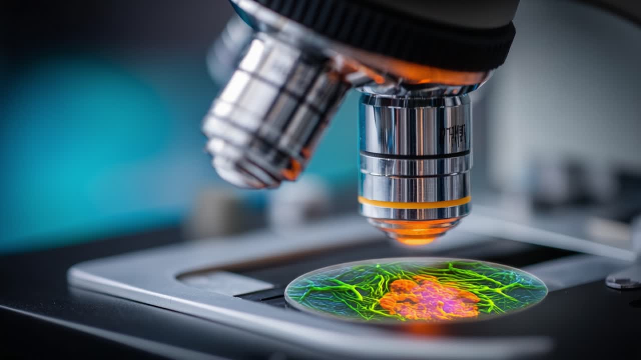 Exploring Microbial Life: A Fascinating Close-Up of Cells Under a Microscope Revealing Vibrant Colors and Intricate Structures in a Scientific Investigation