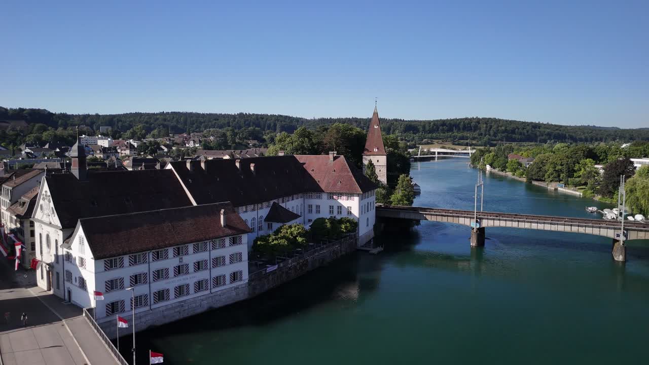 Aare river bridge crossing Solothurn medieval town Switzerland aerial drone