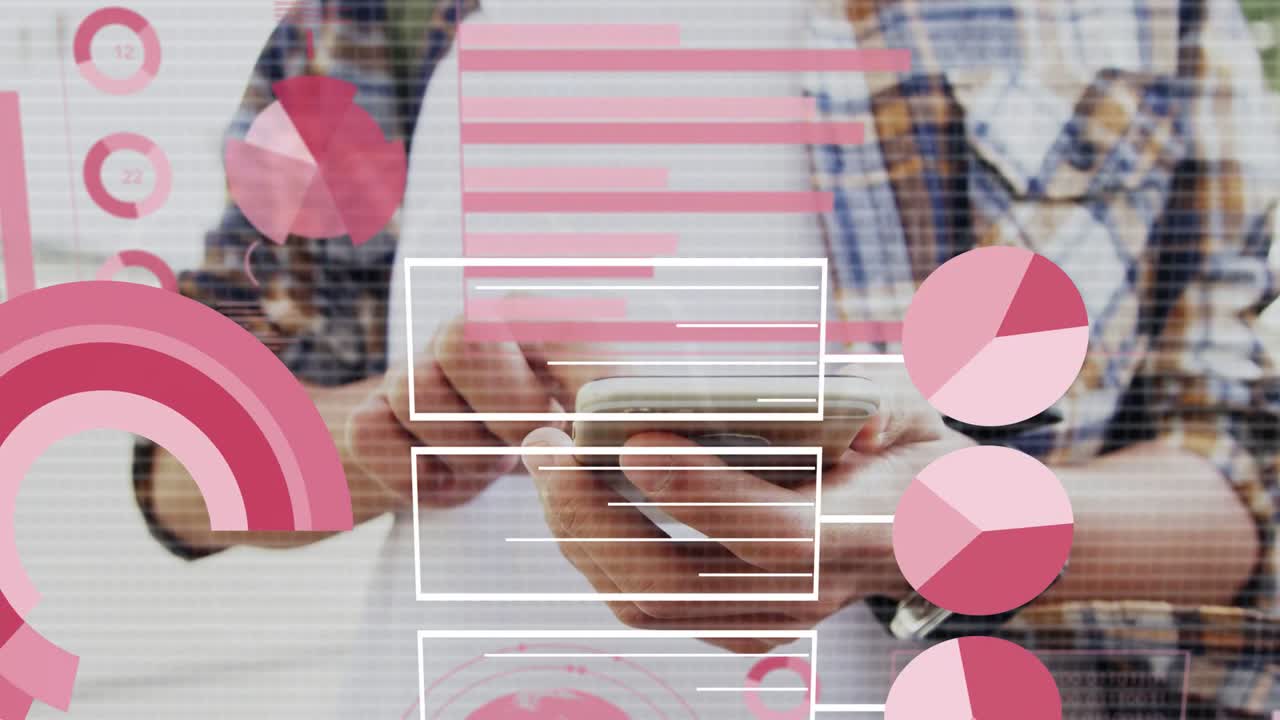 Pria mengetuk dan menggulir ponsel, menampilkan grafik keuangan HUD di tangan dan ponsel untuk analisis.