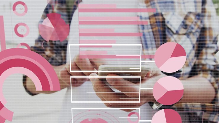 Pria mengetuk dan menggulir ponsel, menampilkan grafik keuangan HUD di tangan dan ponsel untuk analisis.