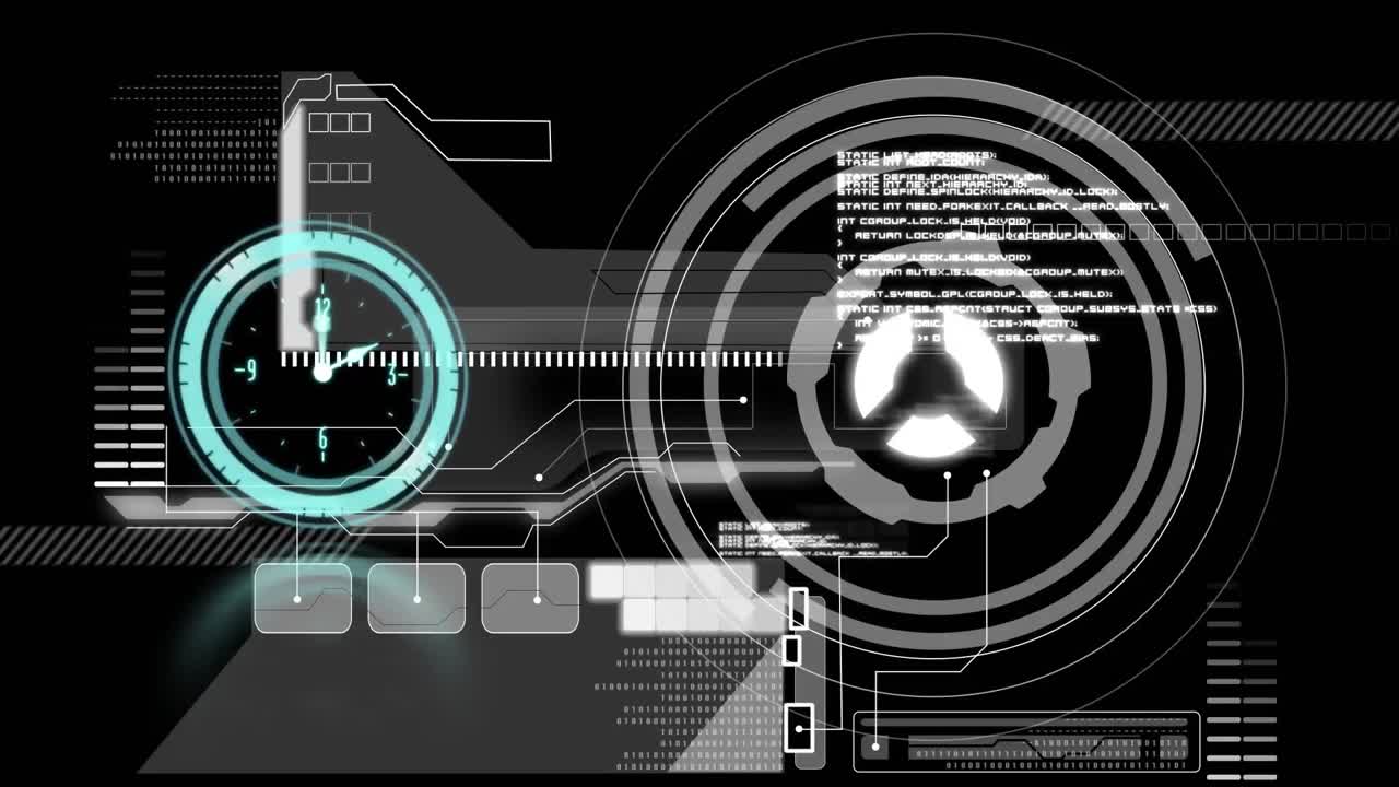 Animation of clock moving fast with scope scanning and data processing on screen