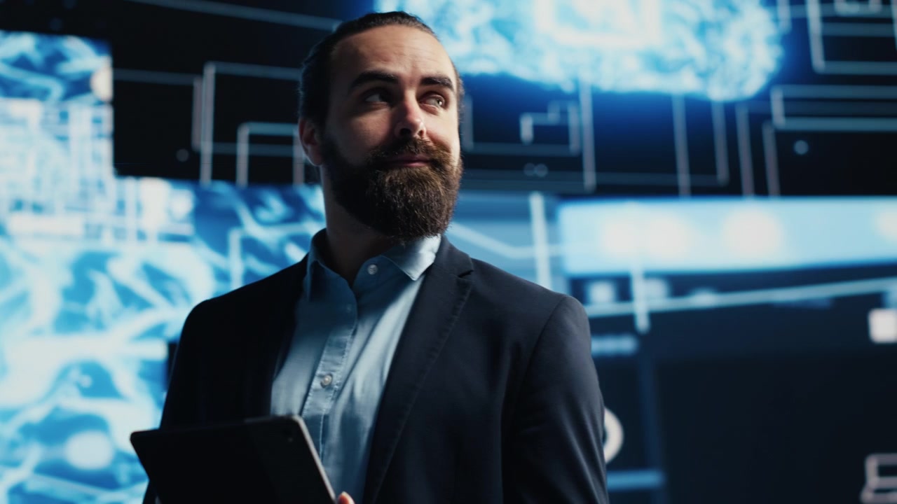 Business administrator examines AI coding on tablet