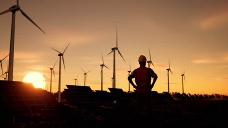 engineer at wind and solar farm sunset