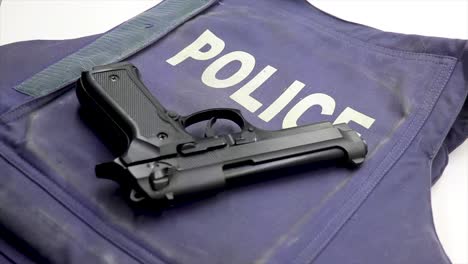 black firearm hand pistol placed on top of a police bullet proof safety vest