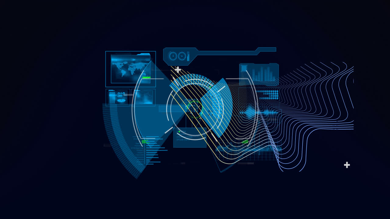 Animation of digital interface with data processing over dark background