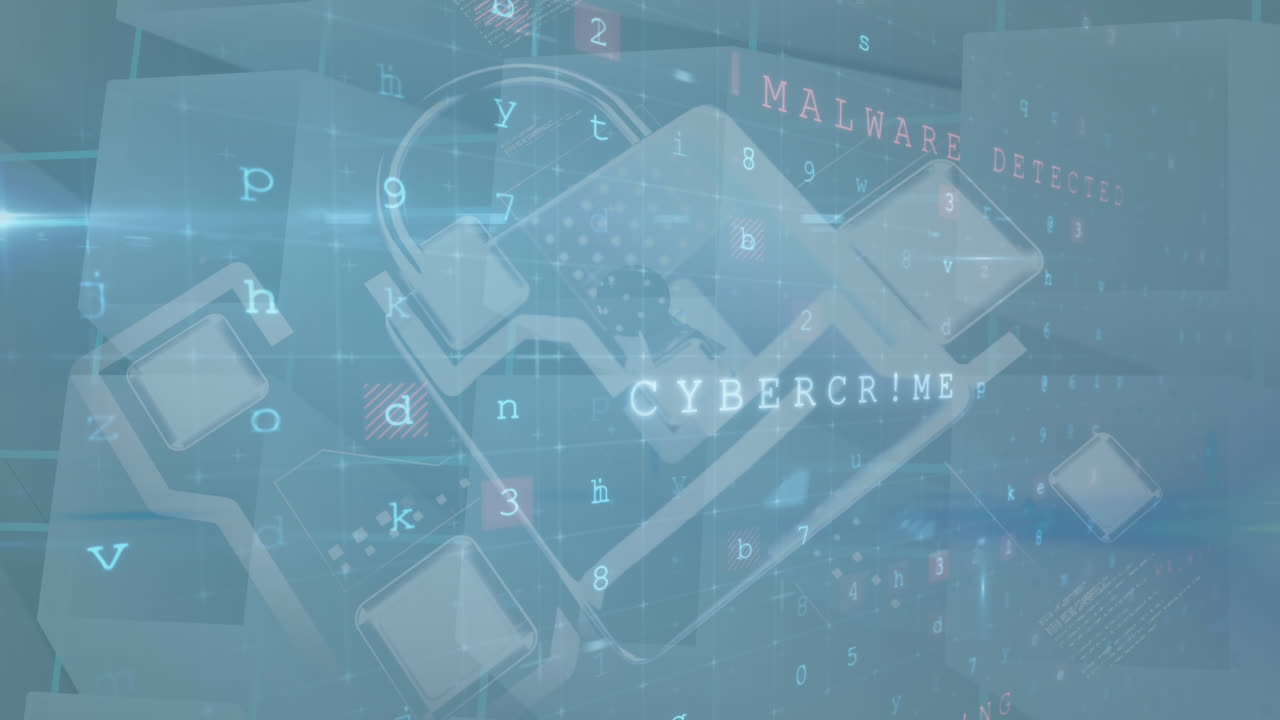 Animation of cybercrime online security warning text over online security padlock