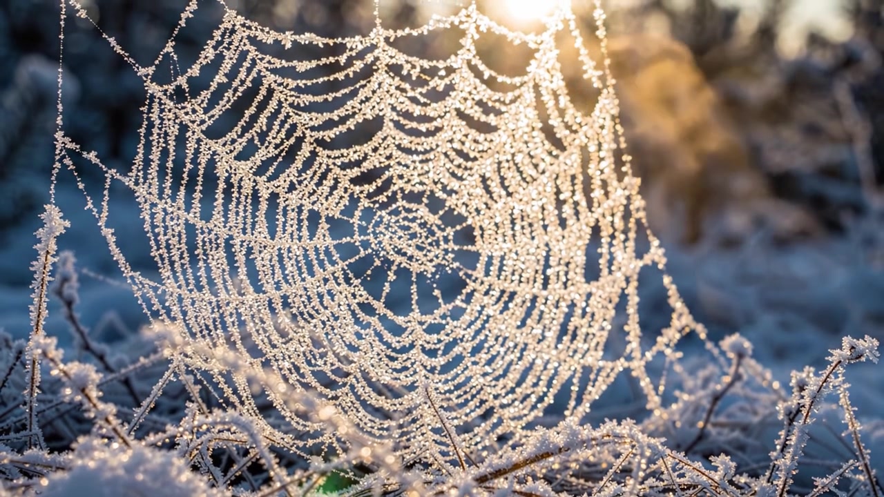 Una splendida mattina d'inverno: una ragnatela ricoperta di brina scintilla con gocce di rugiada sotto la luce del primo sole, catturando l'intricata bellezza e la transitorietà della natura.