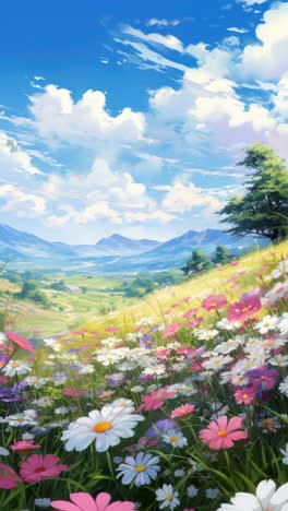 Vibrant meadow with wildflowers under a bright sky, captured from a low angle