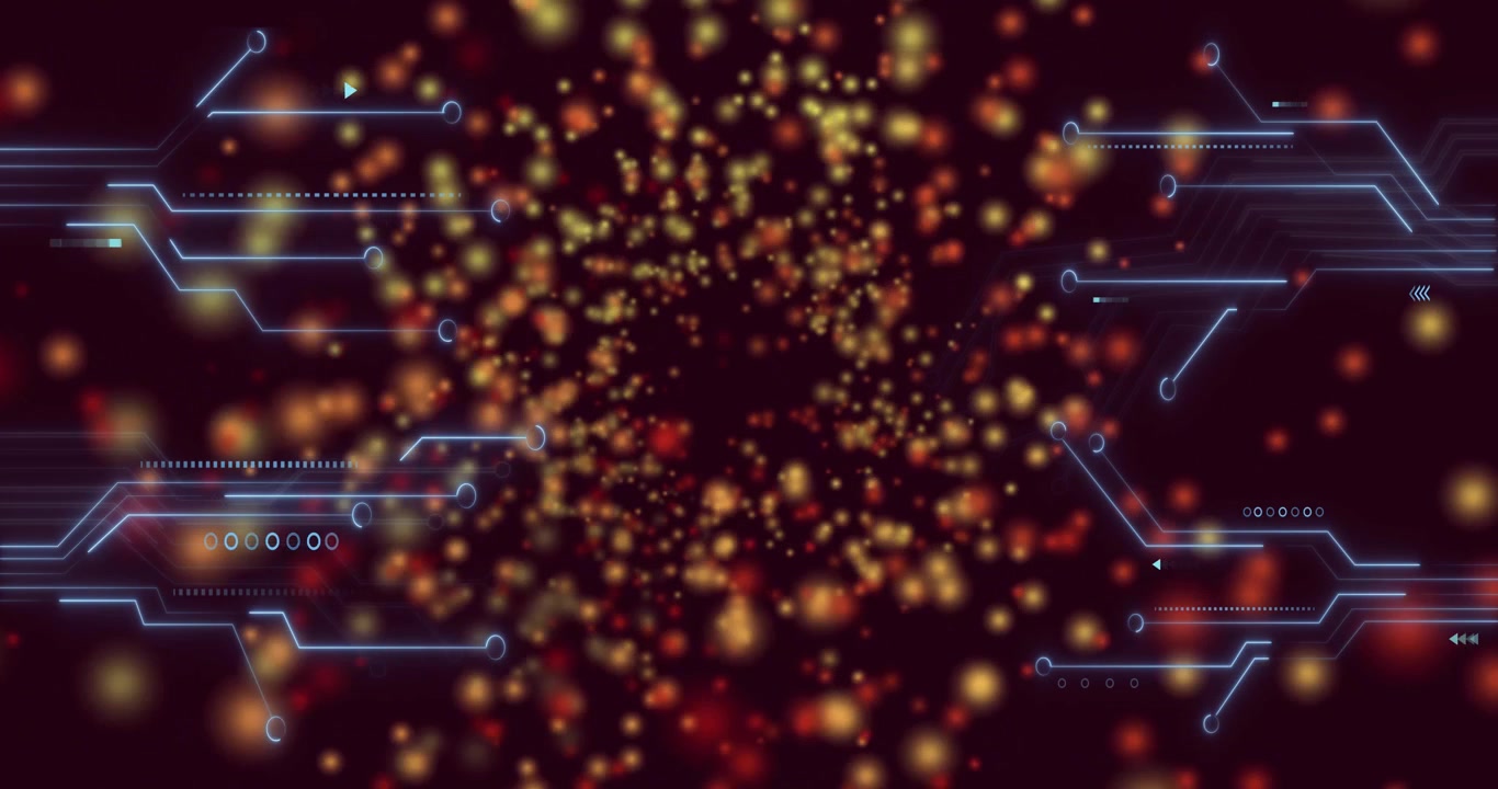 Initiële gouden spikkels verschijnen aan de linkerkant van de interface, drijven naar binnen en wervelen tot een gloeiende datavortex.