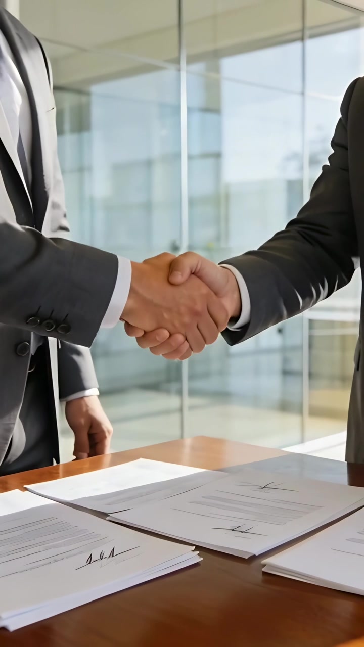Video vertical: Dos ejecutivos con traje se estrechan la mano firmemente tras firmar en una mesa de oficina.