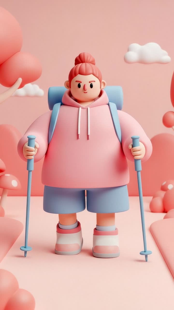 Cartoon hiker in pink landscape