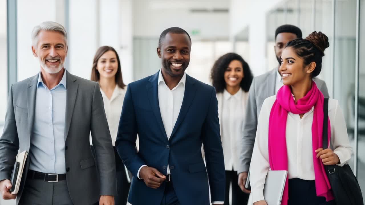 A confident team of professionals walking together in a modern office environment, showcasing collaboration, diversity, and a positive workplace atmosphere