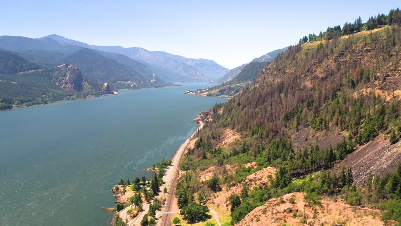 Slow flight looking West through the Colombia River Gorge near Hood River Oregon