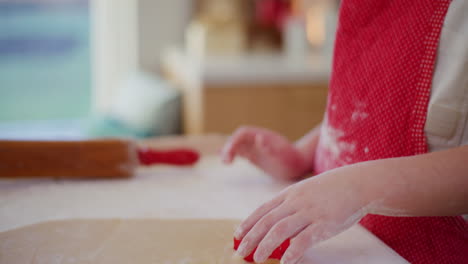 un niño pequeño corta patrones en la masa y hornea galletas de pan de jengibre